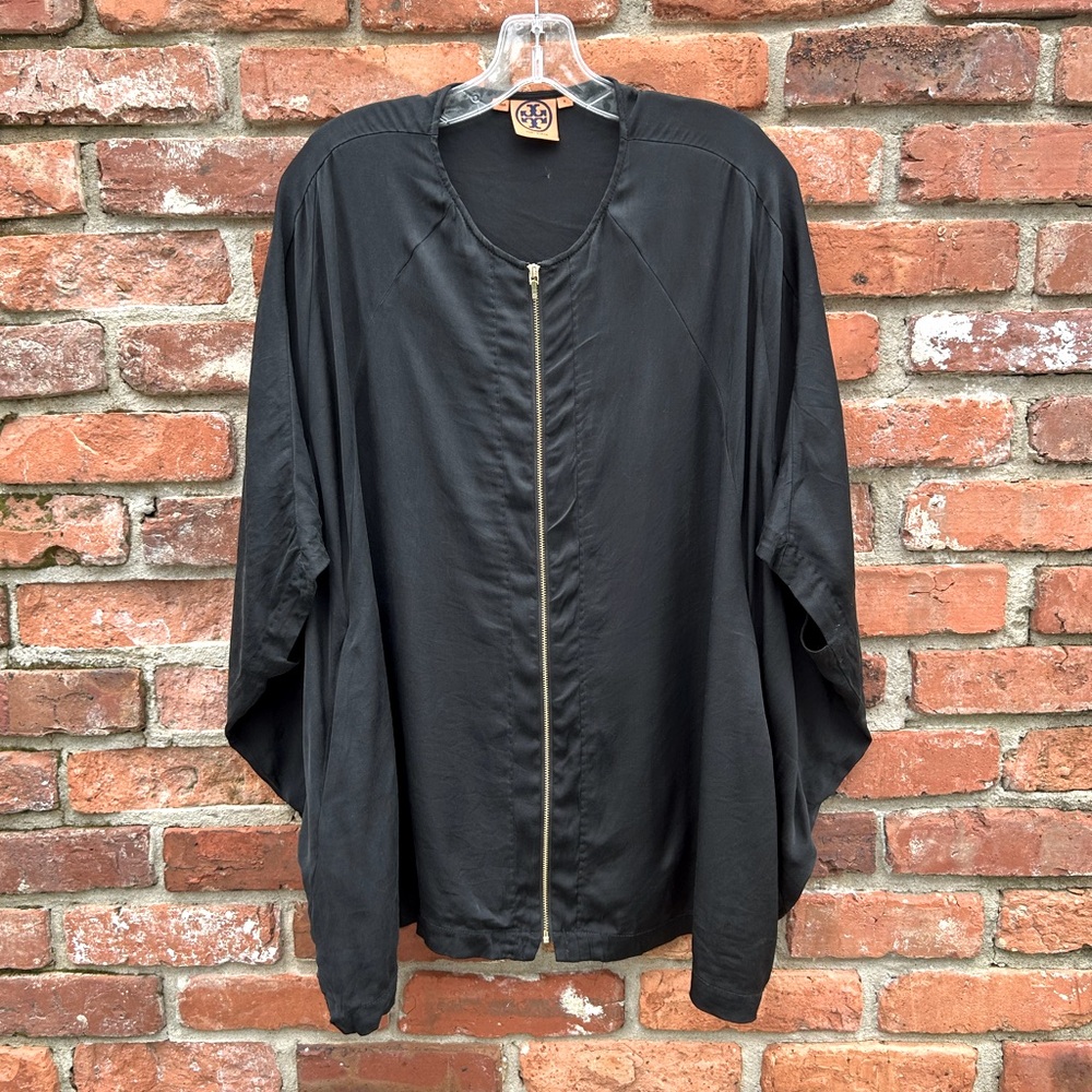 Tory Burch Black Silk Blend Dolman Sleeve Oversized Blouse Size 6 Pockets Zipper